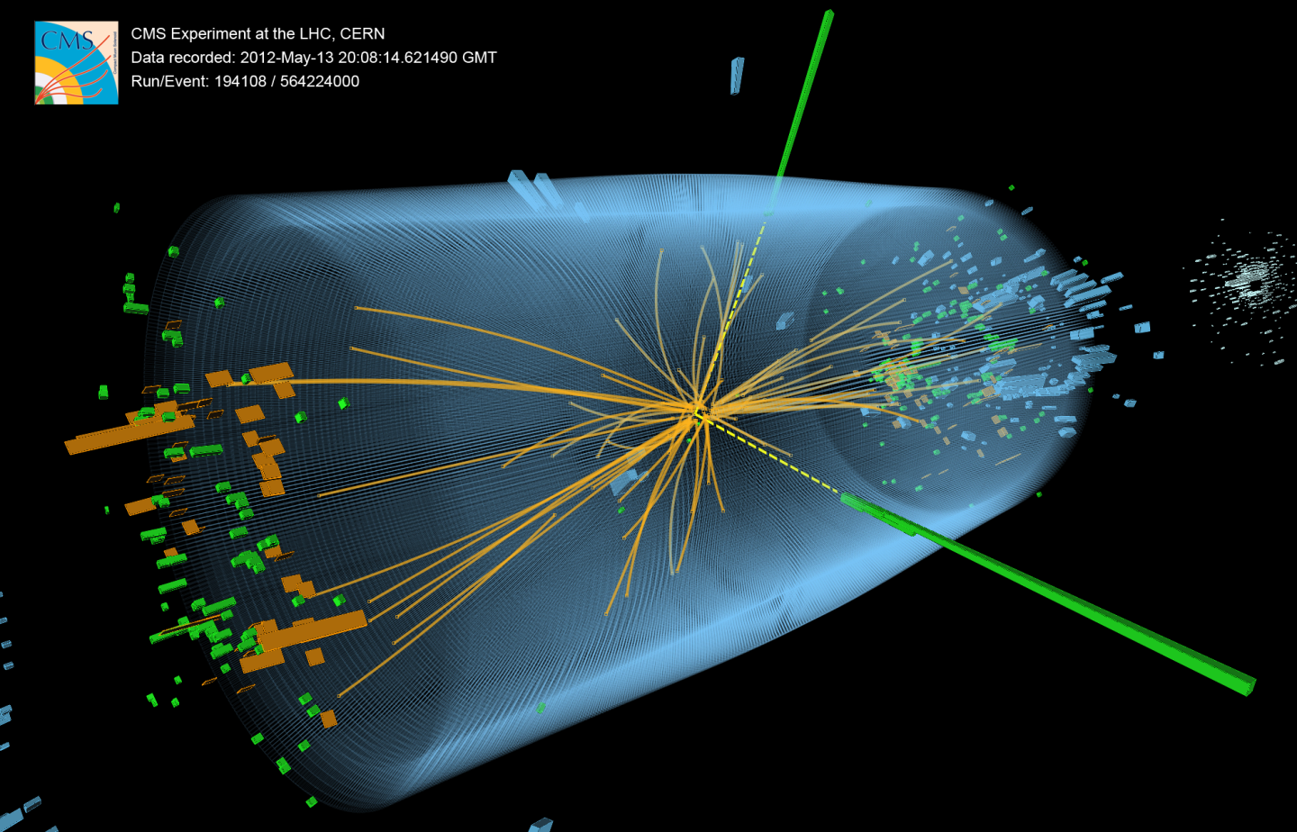 CMS event display of a candidate Higgs boson decaying into two photons, one of the two decay channels that were key to the discovery of the particle. (Image: CERN)